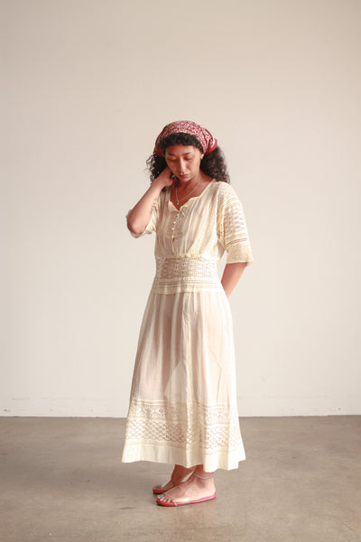 Edwardian Ecru Cotton Voile Crochet Inset Dress