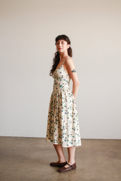 1980s Cotton Rosette Print Midi Dress