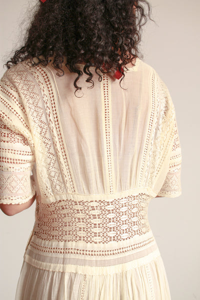 Edwardian Ecru Cotton Voile Crochet Inset Dress