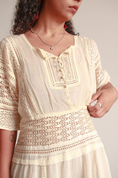 Edwardian Ecru Cotton Voile Crochet Inset Dress