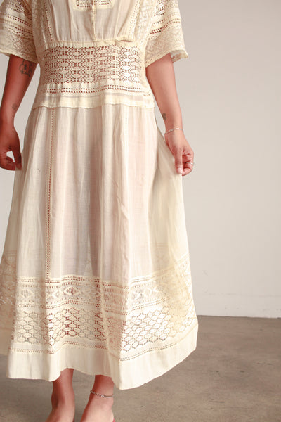 Edwardian Ecru Cotton Voile Crochet Inset Dress