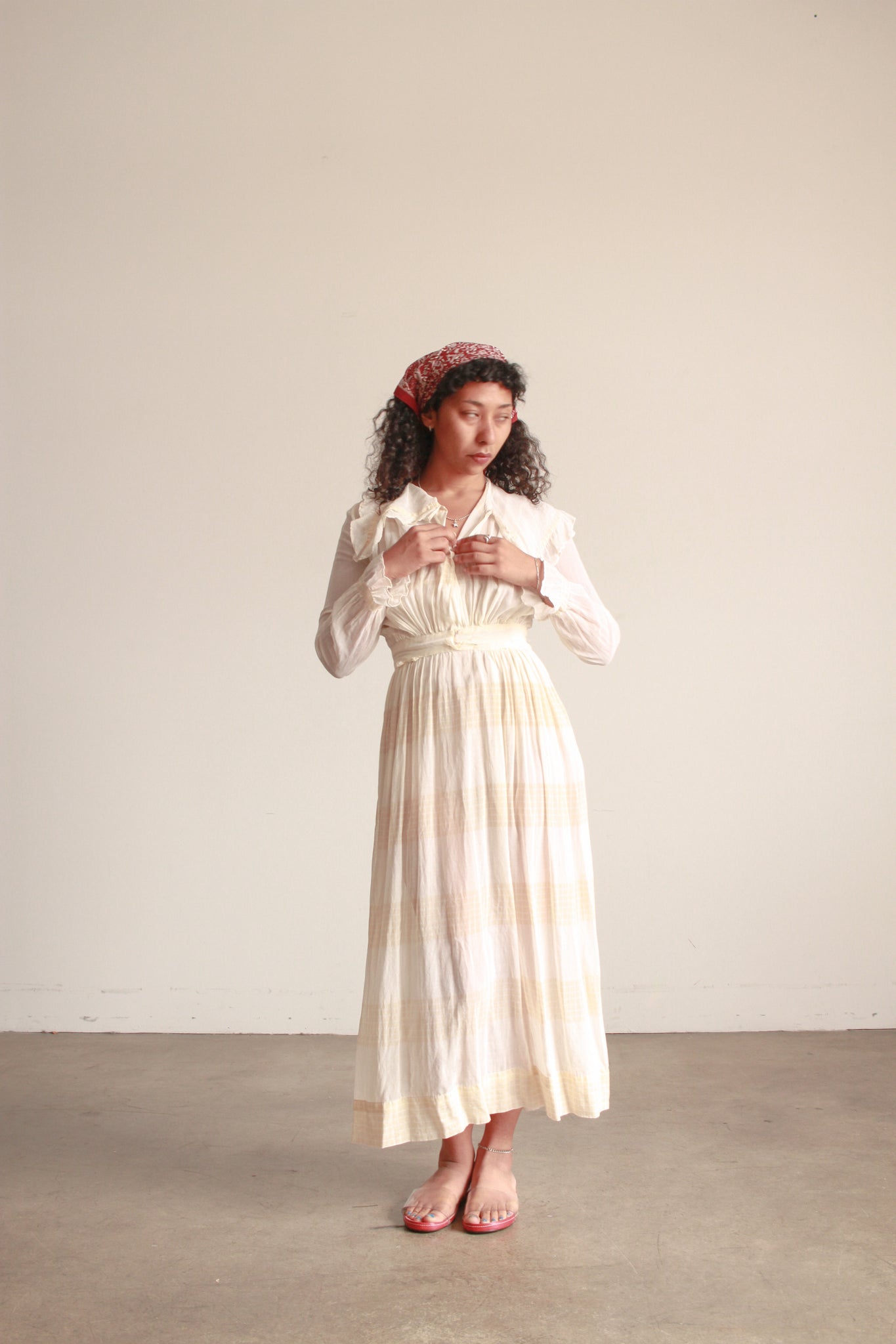 Edwardian Beige Cotton Voile Ruffle Lawn Dress Edwardian Beige Cotton Voile Ruffle Lawn Dress