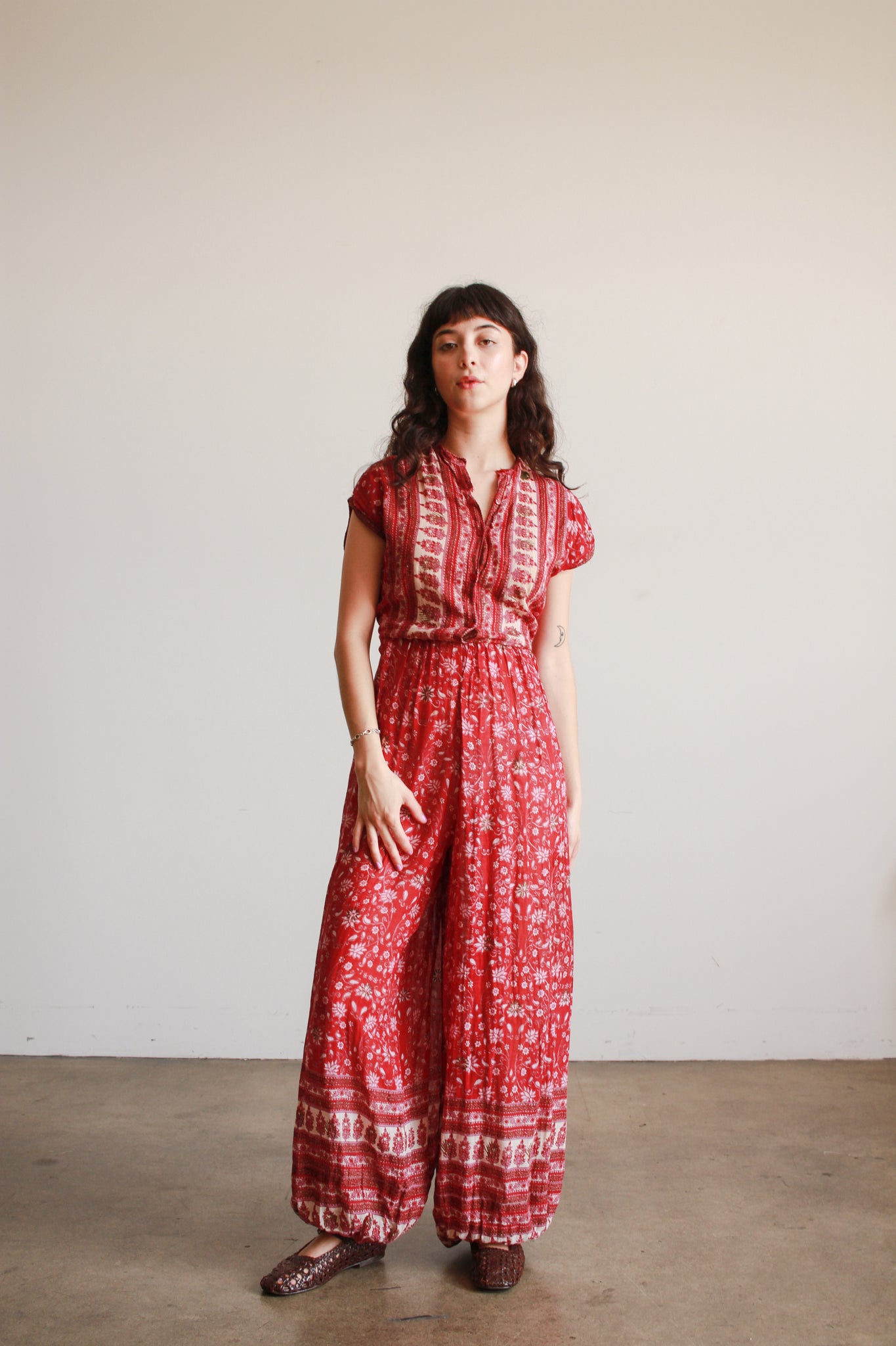 1970s Indian Berry Block Print Cotton Jumpsuit