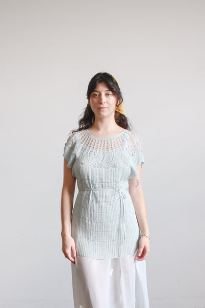 1970s Robins Egg Blue Rayon Crochet Blouse
