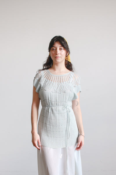 1970s Robins Egg Blue Rayon Crochet Blouse