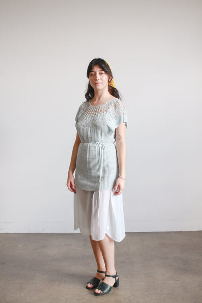 1970s Robins Egg Blue Rayon Crochet Blouse