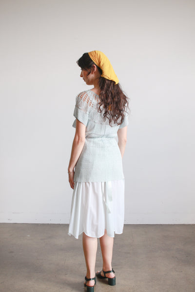 1970s Robins Egg Blue Rayon Crochet Blouse