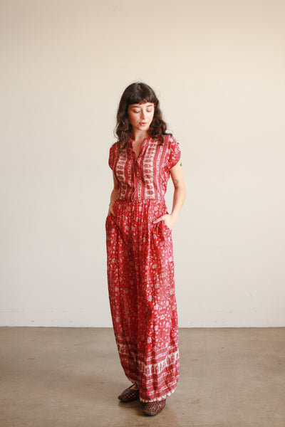 1970s Indian Berry Block Print Cotton Jumpsuit