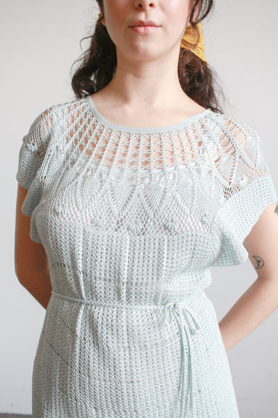 1970s Robins Egg Blue Rayon Crochet Blouse