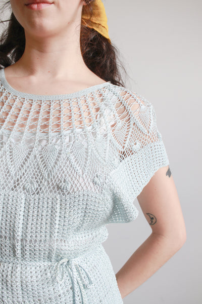 1970s Robins Egg Blue Rayon Crochet Blouse