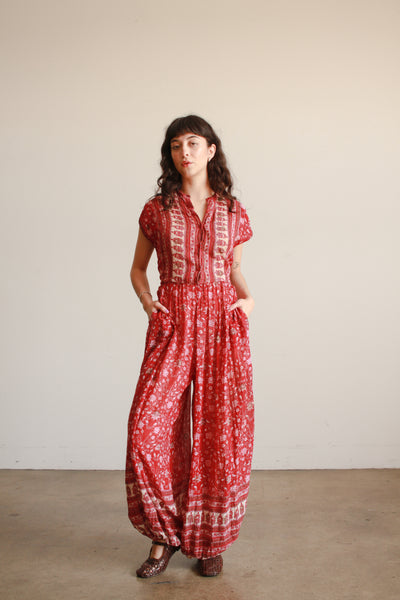 1970s Indian Berry Block Print Cotton Jumpsuit