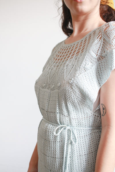 1970s Robins Egg Blue Rayon Crochet Blouse