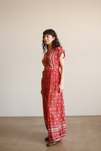 1970s Indian Berry Block Print Cotton Jumpsuit