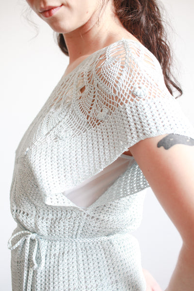 1970s Robins Egg Blue Rayon Crochet Blouse
