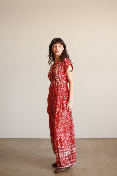 1970s Indian Berry Block Print Cotton Jumpsuit