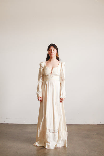 1970s Cream Boho Long Sleeve Dress