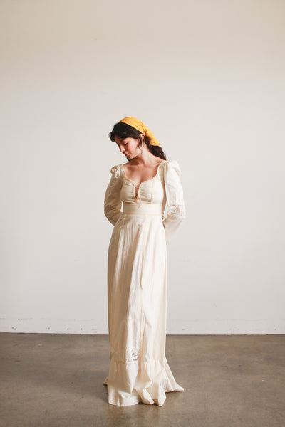 1970s Cream Boho Long Sleeve Dress