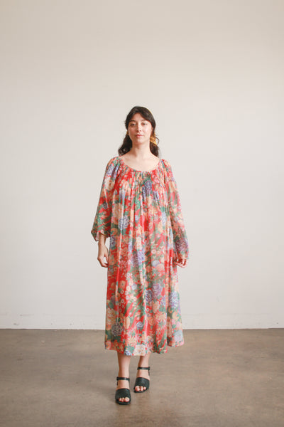 1970s Floral Gauzy Pleated Tent Dress