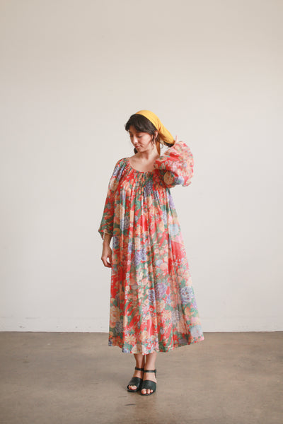 1970s Floral Gauzy Pleated Tent Dress