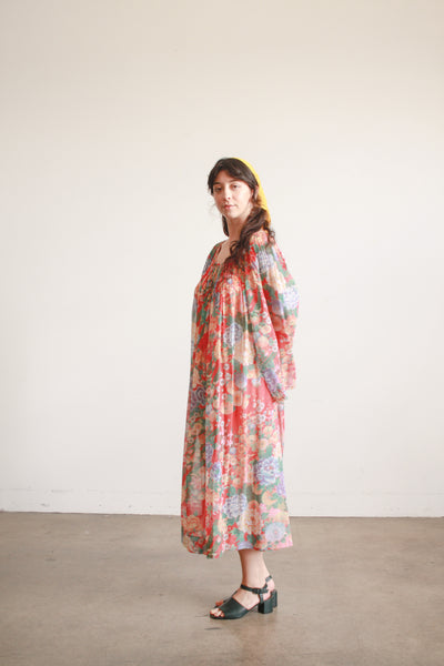 1970s Floral Gauzy Pleated Tent Dress