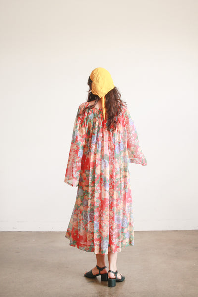 1970s Floral Gauzy Pleated Tent Dress