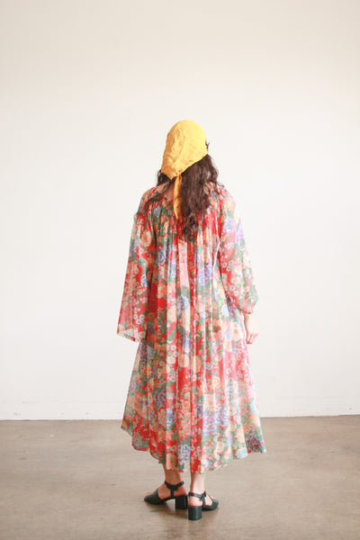 1970s Floral Gauzy Pleated Tent Dress