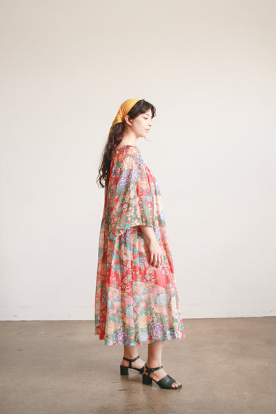 1970s Floral Gauzy Pleated Tent Dress