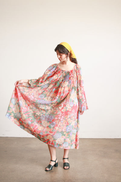 1970s Floral Gauzy Pleated Tent Dress