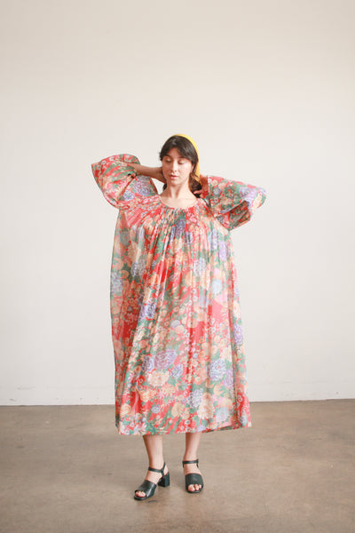 1970s Floral Gauzy Pleated Tent Dress