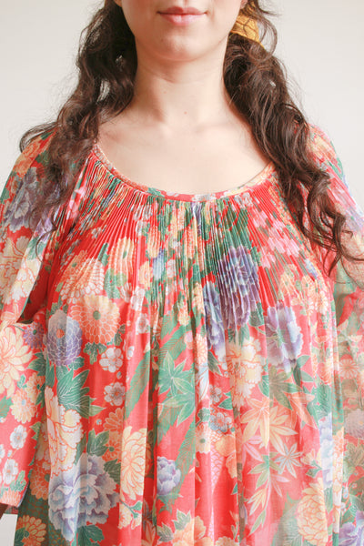 1970s Floral Gauzy Pleated Tent Dress