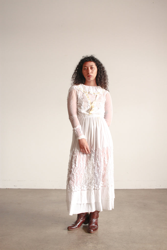 Edwardian White Embroidered Net Lace Dress Blossom Vintage Edwardian White Embroidered Net Lace Dress Blossom Vintage