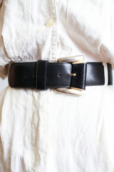 1980s Black Leather Italian Wide Belt
