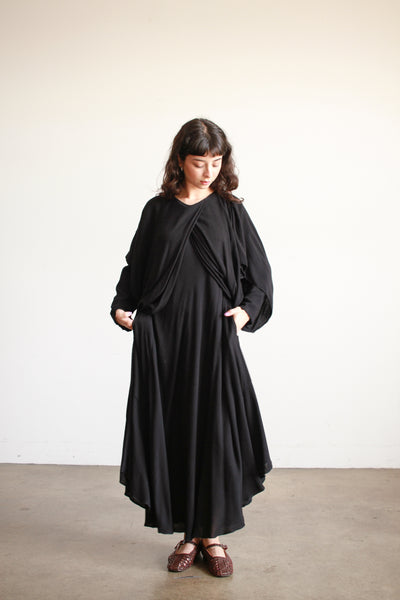 1980s Laise Adzer Black Cotton Draped Dress