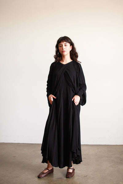 1980s Laise Adzer Black Cotton Draped Dress