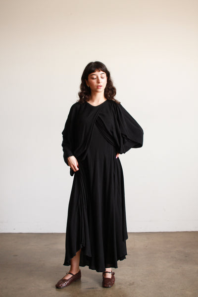 1980s Laise Adzer Black Cotton Draped Dress