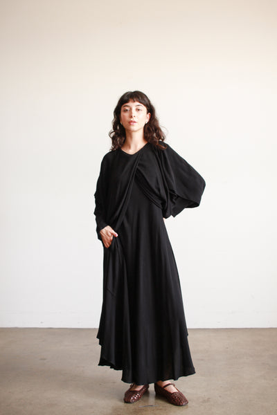 1980s Laise Adzer Black Cotton Draped Dress