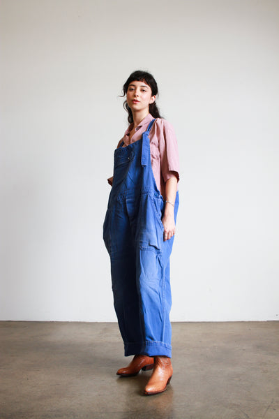 1970s French Blue Cotton Tie Overalls