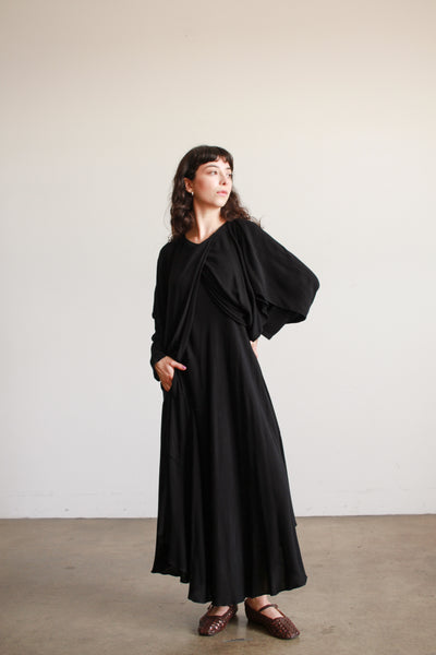 1980s Laise Adzer Black Cotton Draped Dress