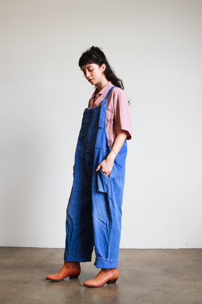 1970s French Blue Cotton Tie Overalls