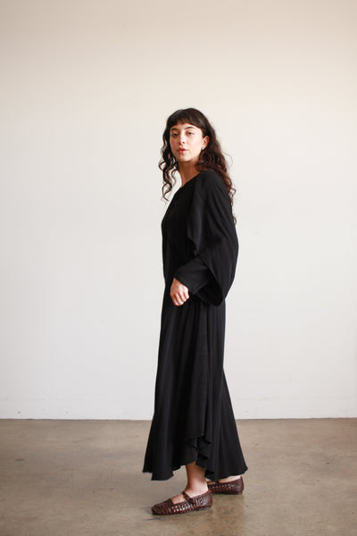 1980s Laise Adzer Black Cotton Draped Dress