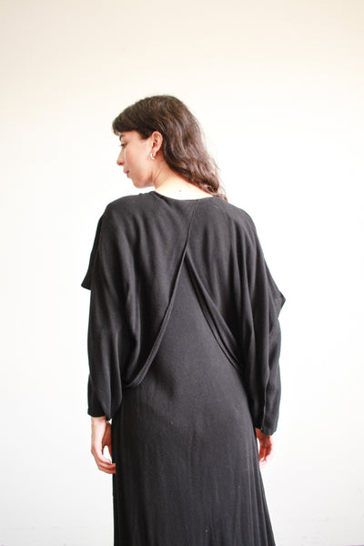 1980s Laise Adzer Black Cotton Draped Dress