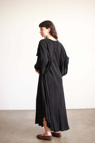 1980s Laise Adzer Black Cotton Draped Dress