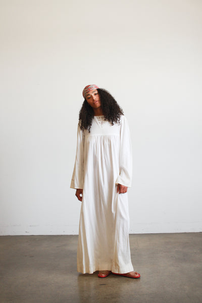 1970s White Lace Bib Ribbed Maxi Dress
