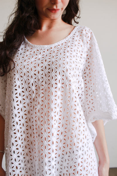 1980s White Cotton Eyelet Kaftan