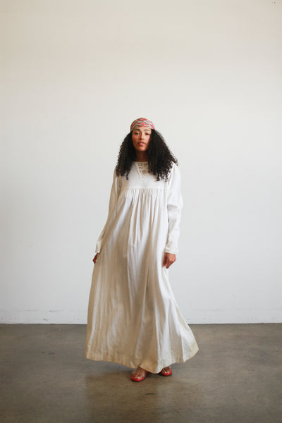 1970s White Lace Bib Ribbed Maxi Dress