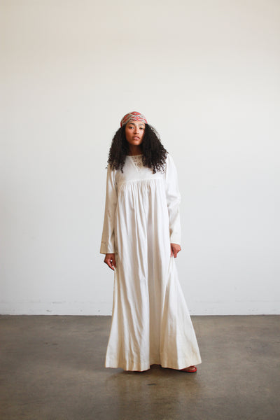 1970s White Lace Bib Ribbed Maxi Dress