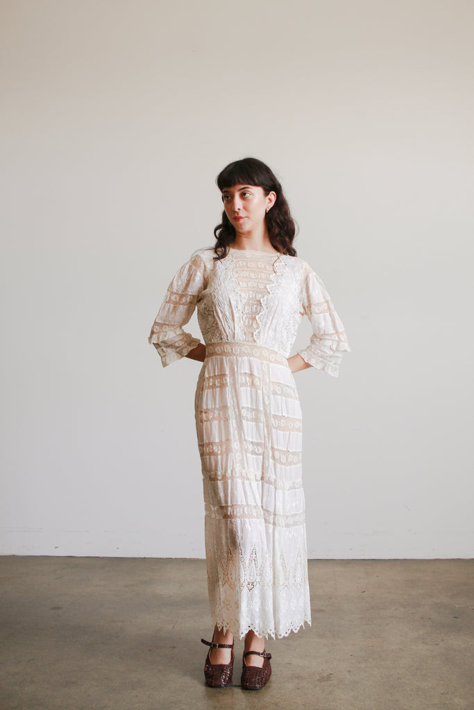Antique Edwardian Ecru Cotton Lace Inlay Lawn Dress Antique Edwardian Ecru Cotton Lace Inlay Lawn Dress