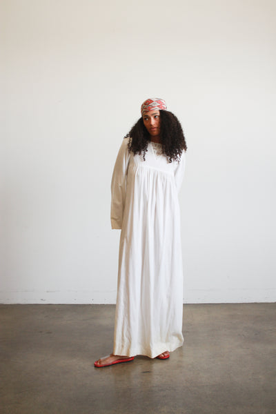 1970s White Lace Bib Ribbed Maxi Dress