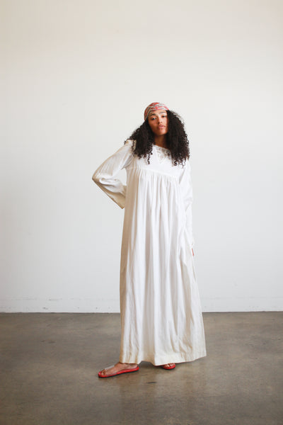 1970s White Lace Bib Ribbed Maxi Dress