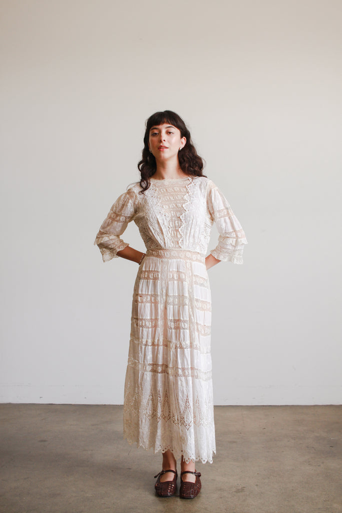 Antique Edwardian Ecru Cotton Lace Inlay Lawn Dress Antique Edwardian Ecru Cotton Lace Inlay Lawn Dress
